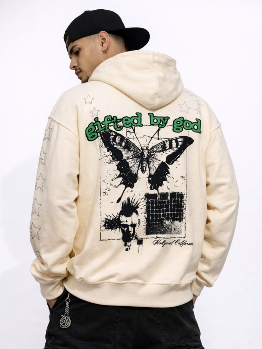 GFTD LA Superstarz Hoodie Hooded Sweatshirt Rhinestone Star Embroidery Cream 2X